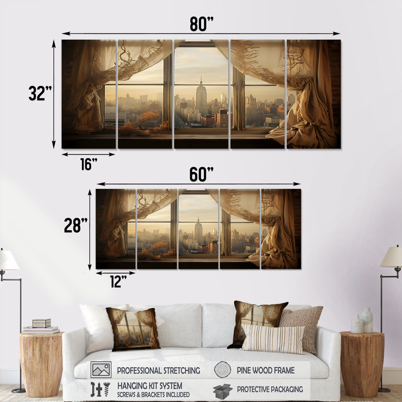 Vintagenyc Urbanscape Window View I - New York City, art mural 5 pièces pour le salon, H 28 po x l 60 po