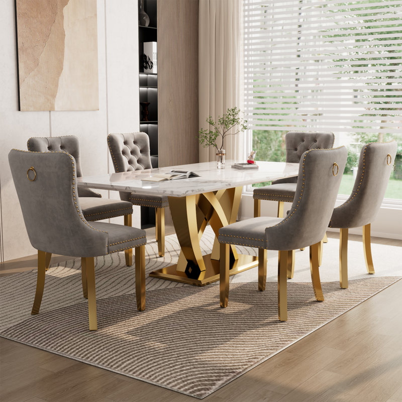 Ensemble de table de salle à manger 70 "pour 6 personnes avec 6 chaises rembourrées, Gris, Doré