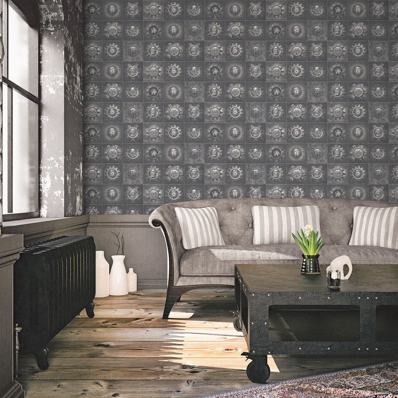 Rouleau de papier peint lisse Nostalgie, Metallic Silver/Black