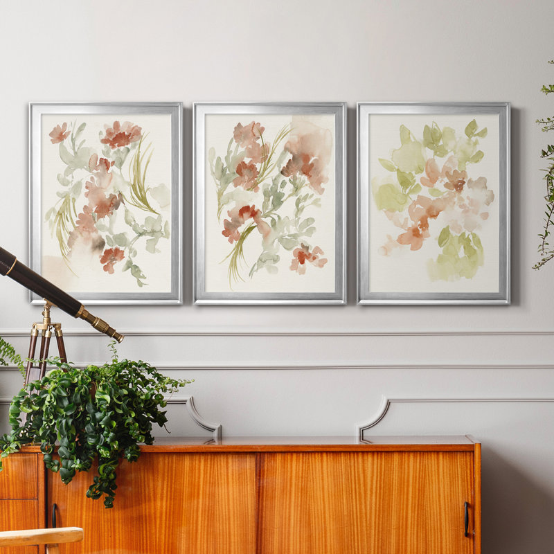 «Abstracting Flowers I», ensemble de 3 peintures sur toile encadrées, H 30,5 po x l 127,5 po x P 4,5 po, Argent