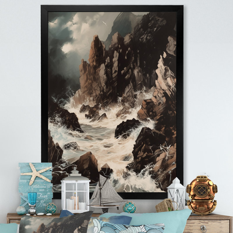 Crashing Rocky Coastline IV sur impression sur toile, Cadre photo noir, H 20 po x l 12 po x P 1 po