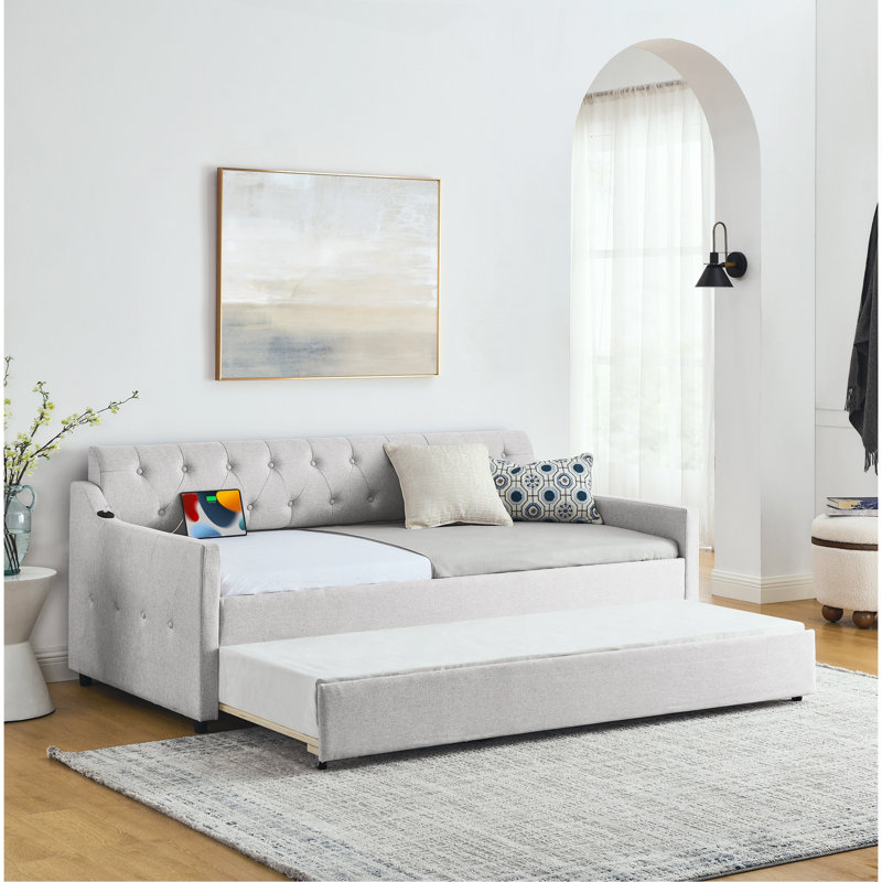 Twin Size Upholstery Daybed With Twin Size Erectable Trundle And USB Charging Design, Linen Beige, Beige