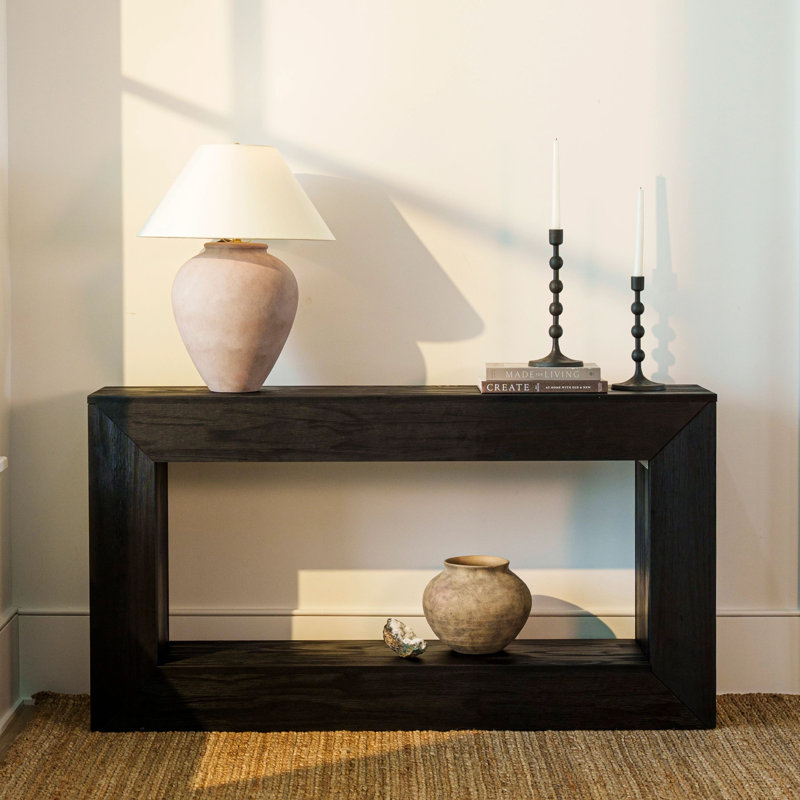 Grande Solid Wood Console Table with Bottom Shelf, Black Wirebrush