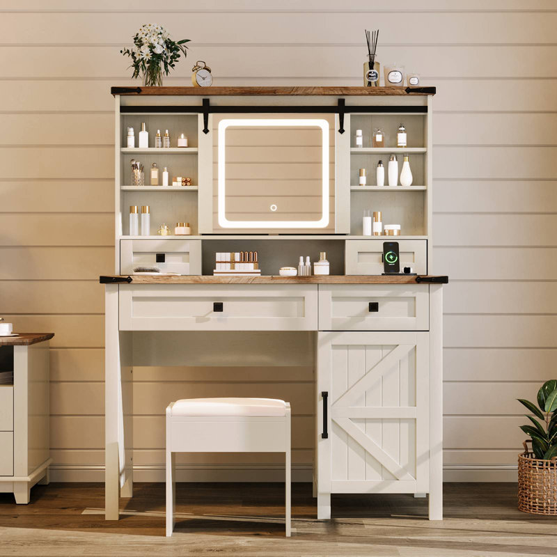 Bureau de coiffeuse avec miroir coulissant Farmhouse, Gris