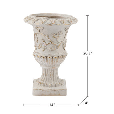 20.3" H Ornate Magnesium Oxide Urn Planter with Distressed White Finish & Gold Undertones for Living Room, Covered Patio