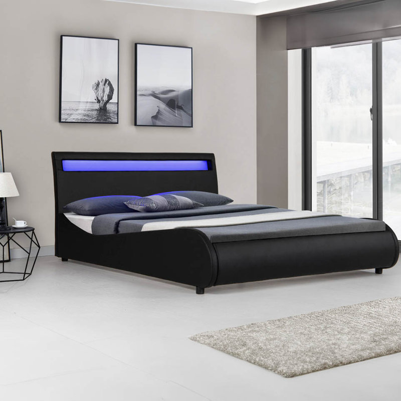 Atropos LED Faux Leather Bed Frame with Mattress Options, Black, Double (4'6), 20cm Deep Pocket Sprung Comfort Foam Mattress