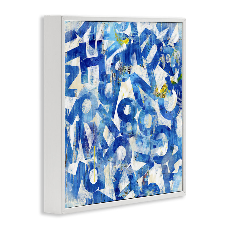 "Blue Typographie Collage", estampe numérique par Laura Gibson, Giclée encadrée blanc bord de mer, H 12 po x l 12 po