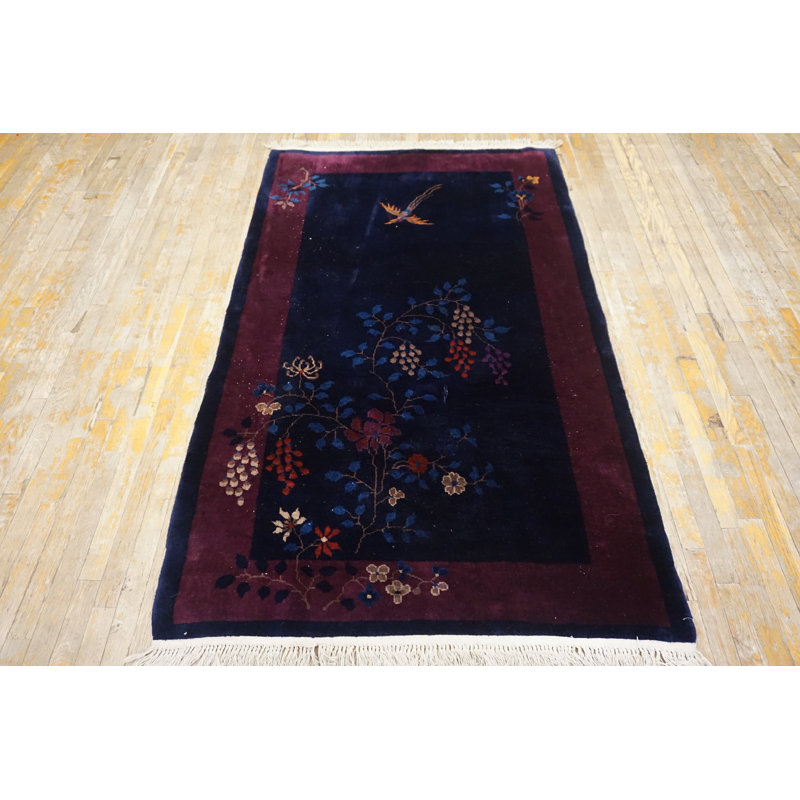 Small Antique Floral Bird Pattern Navy Blue Color Chinese Art Deco Carpet