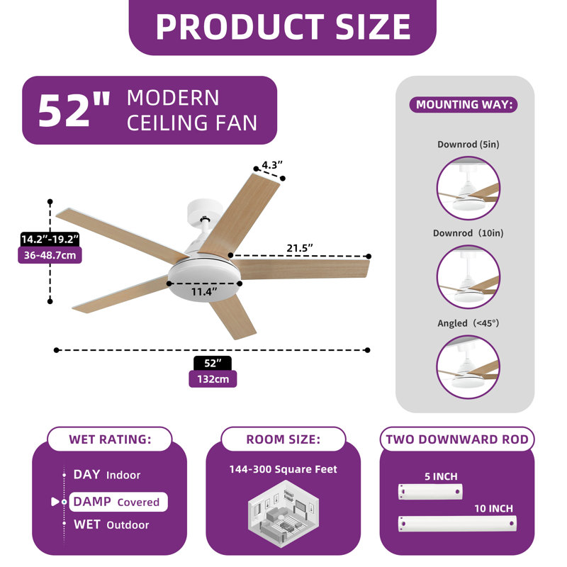  Ventilateur de plafond 5 pales 52 "avec lumière et télécommande, Blanc, Bois naturel