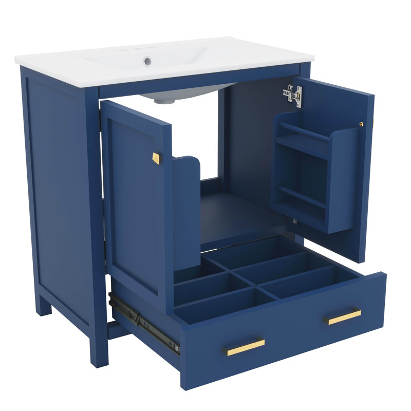 Meuble-lavabo de 30 po avec lavabo sous comptoir simple, armoire combinée, 2 portes et 1 tiroir, cadre en bois massif à fermeture douce pour rangement multifonctionnel