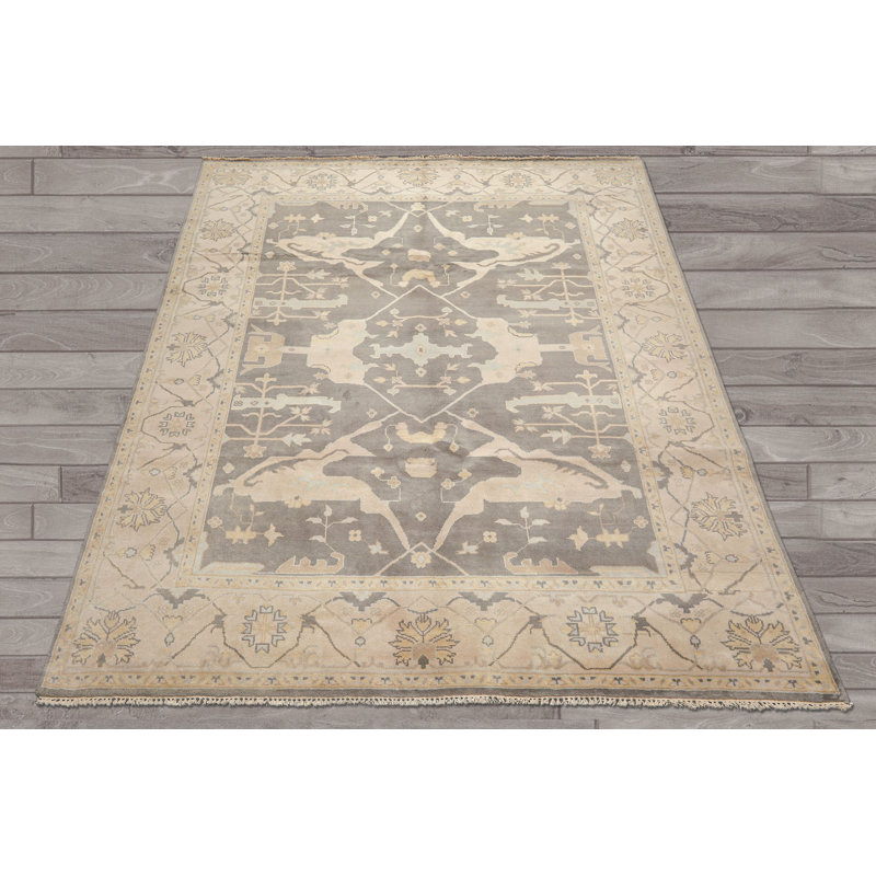 Tapis Oushak en laine, noué à la main, gris ivoire, style Arts & Crafts, 2,49 m x 3,02 m