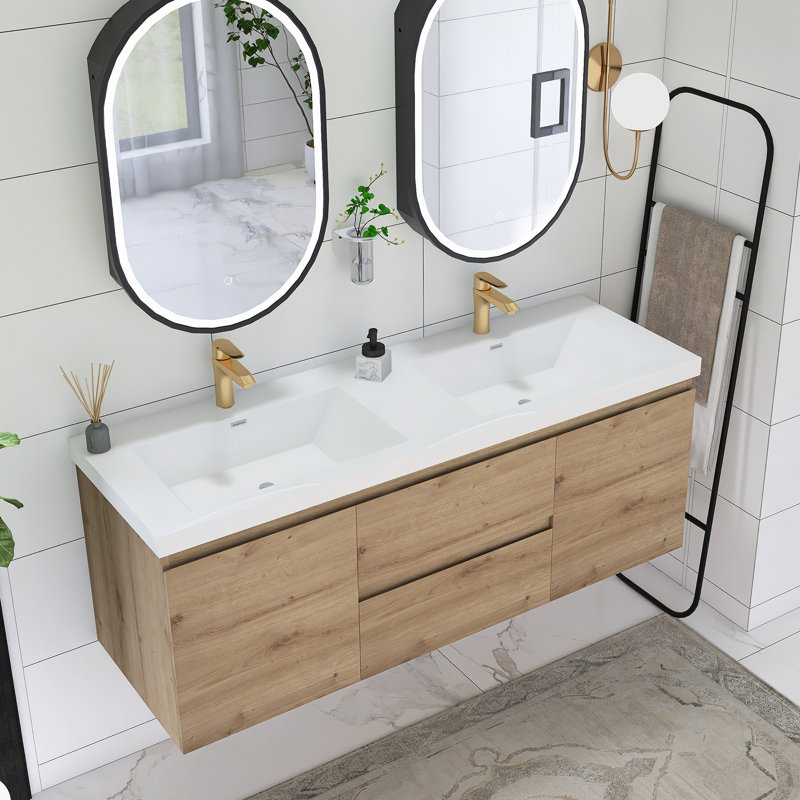 Meuble-lavabo double 60 po avec plateau en marbre Deziya, Chêne
