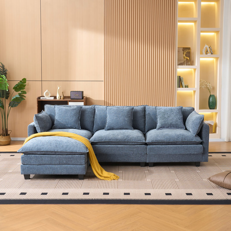 Canapé d'angle bleu 3 places avec rangement et banquette, style traditionnel américain, revêtement doux au toucher, chenille marine, dossier à coussins.
