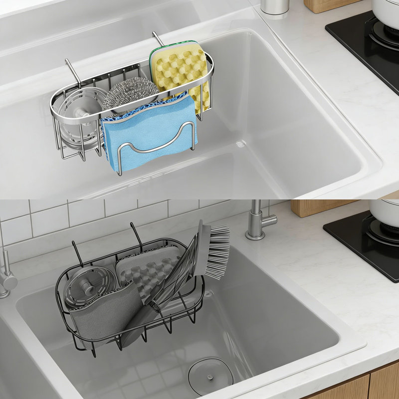 Organisateur de chariot à éponge en acier inoxydable avec crochets en forme de M - Support de lavabo double compact pour éponges, brosses et bouchons avec drain