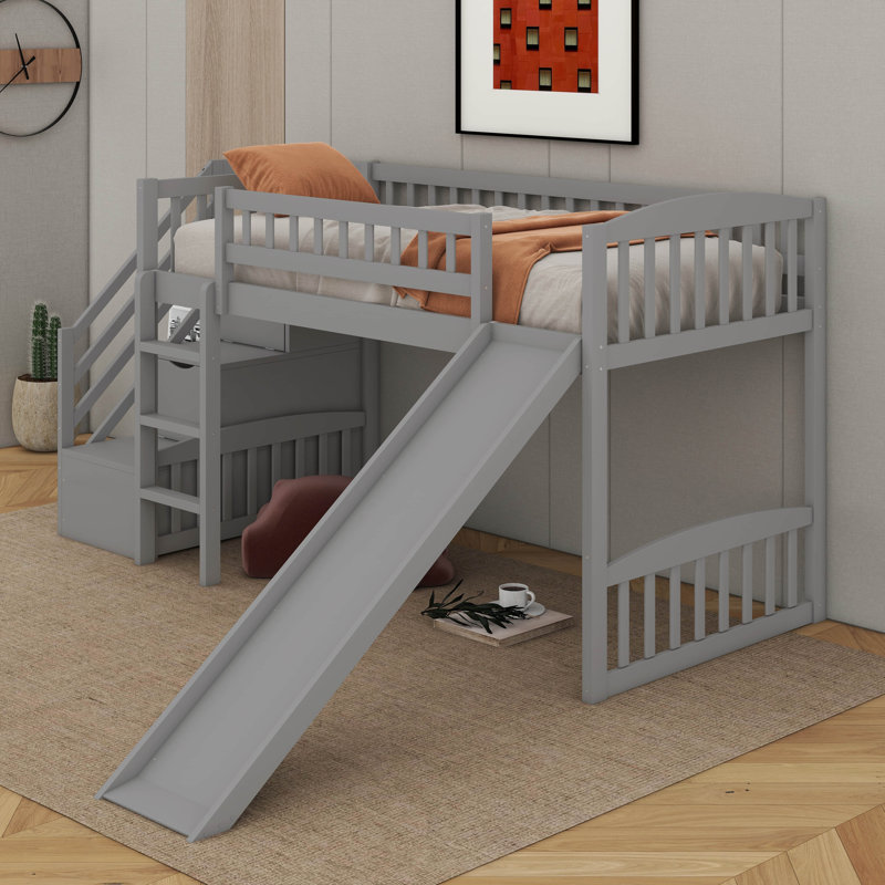 Stairway Twin Size Loft Bed With Slide, Gray