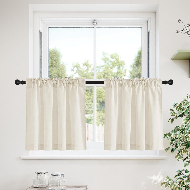 Natural Linen Back Tab Curtains for Kitchen Over Sink, Rod Pocket Short Drapes Light Filtering Sheer Farmhouse Window Valances Covering for Bedroom, 2 Panels.