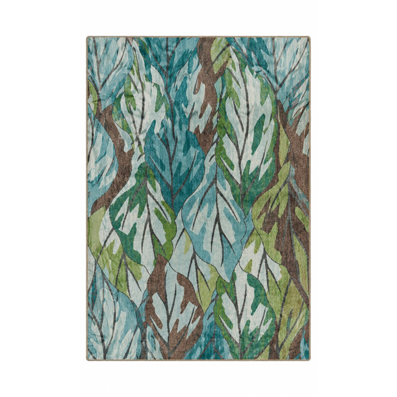 Green Blue Leaves Woven Base Modern Decorative Carpet, Round 4'