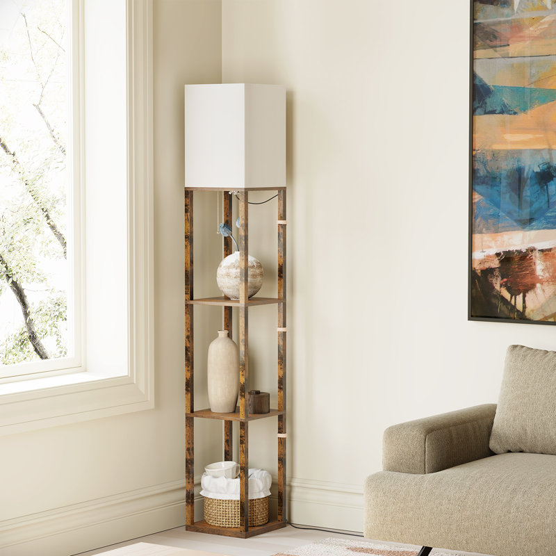 Lampe sur pied colonne 63 po avec tablettes et ampoule incluse, Brun rustique