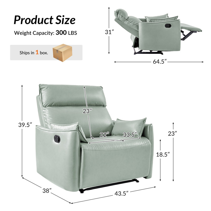 Alanson 43.5'' Faux Leather Oversized Manual Recliner, Sage