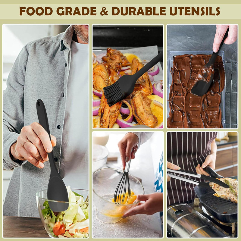 Kitchen Utensils Set Of 12, Silicone Cooking Utensils Set With Holder For Baking, Cooking, Non Stick & Heat Resistant Cookware Include Spatula Whisk Spoon Turner Tongs, Dishwasher Safe (Black)
