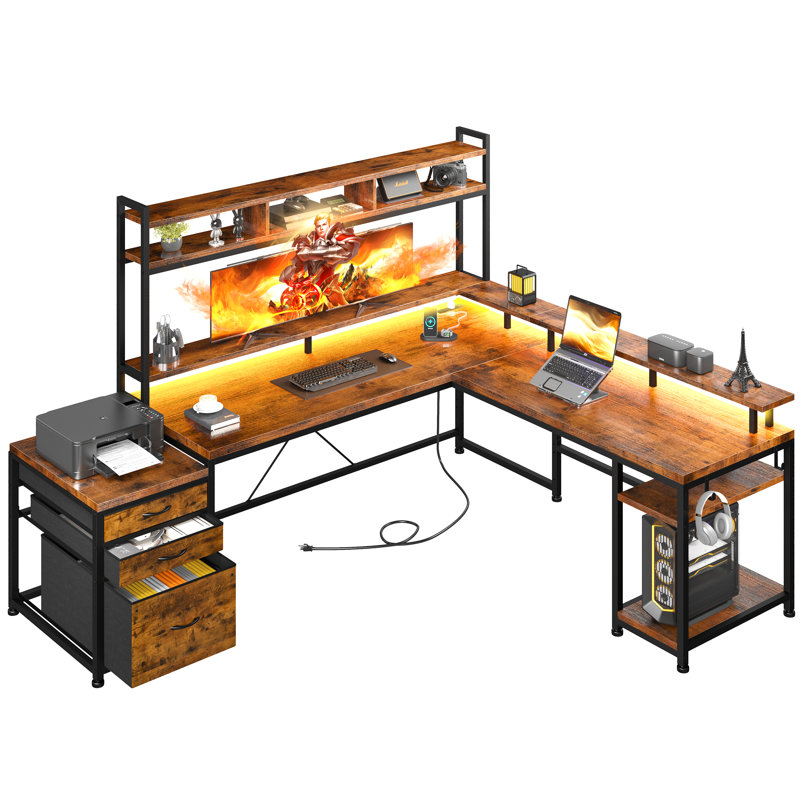 Mobean L-Shaped Metal Base Computer Desk with Power Outlet, Rustic Brown/Black