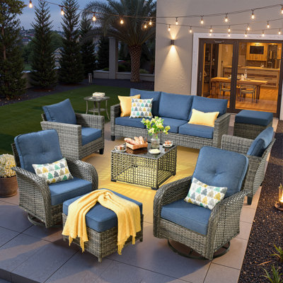 Ensemble de meubles de patio 9 pièces, chaises berçantes pivotantes en osier avec coussins confortables, ensemble de canapé à dossier haut toutes saisons pour la cour ou la pelouse