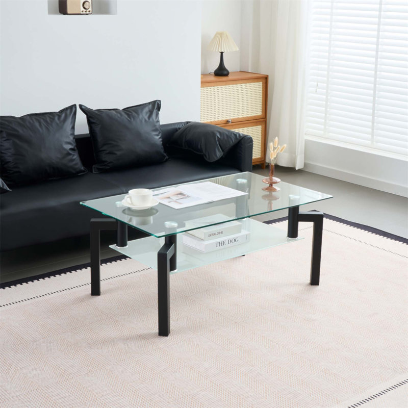 Table basse rectangulaire en verre avec surface transparente et rangement double couche pour les salons modernes