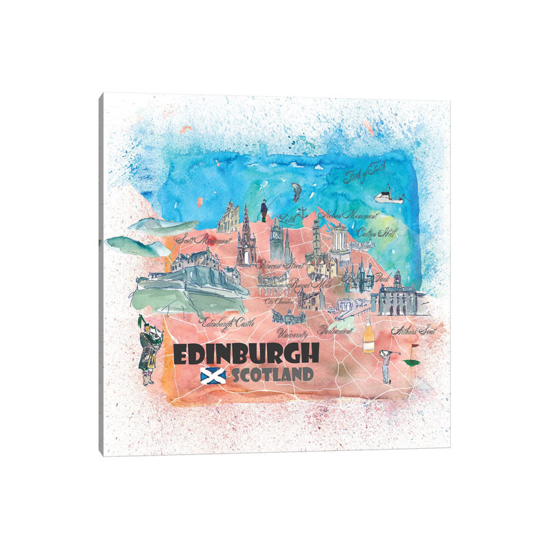 Edimbourg, Écosse, carte illustrée par Markus et Martina Bleichner, peinture sur toile tendue, H 12 po x l 12 po x P 0,75 po