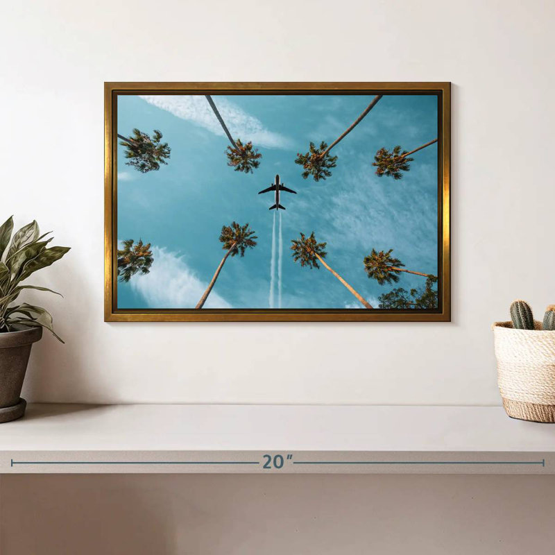 Avion au-dessus de palmiers, Cadre flottant doré, 13 po x 9 po