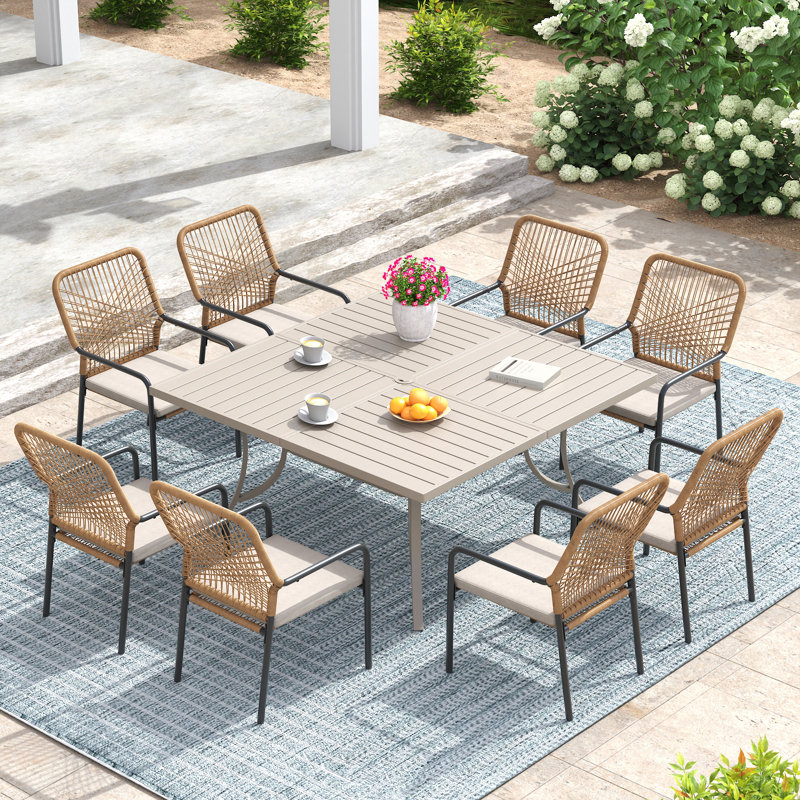8-Person Patio Dining Set with Extra Large Square Dining Table and Cushioned Stackable Rattan Chairs, Sandshell