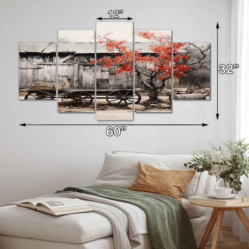 Rustic Barn Scene Metal Wall Art Set in Gray and Red