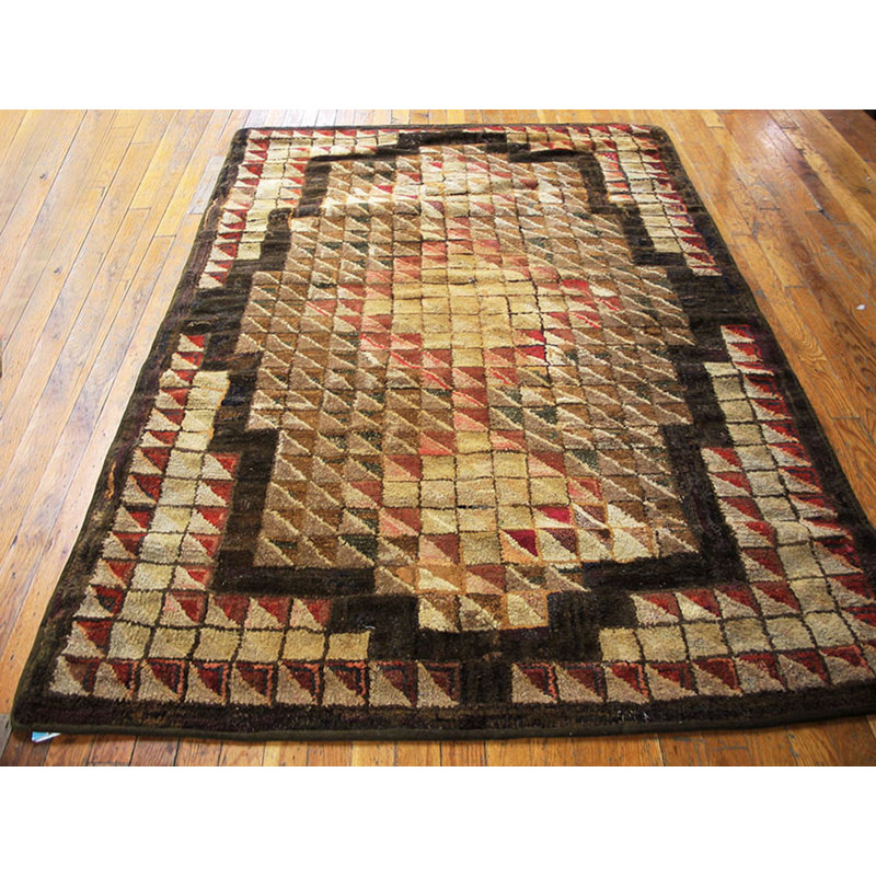 Antique Geometric Medallion Wool &amp; Cotton Hooked - Loop Pile Multicolor Jewel Tones 1925 Rug