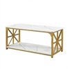 Table basse à 2 niveaux, table d'appoint moderne de luxe avec plateau en faux marbre et cadres en métal blanc et doré