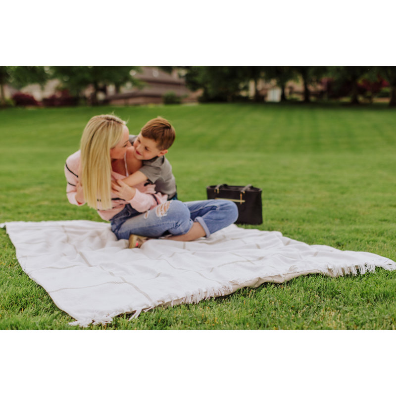 Montecito White and Taupe Cotton Polyester Picnic Blanket