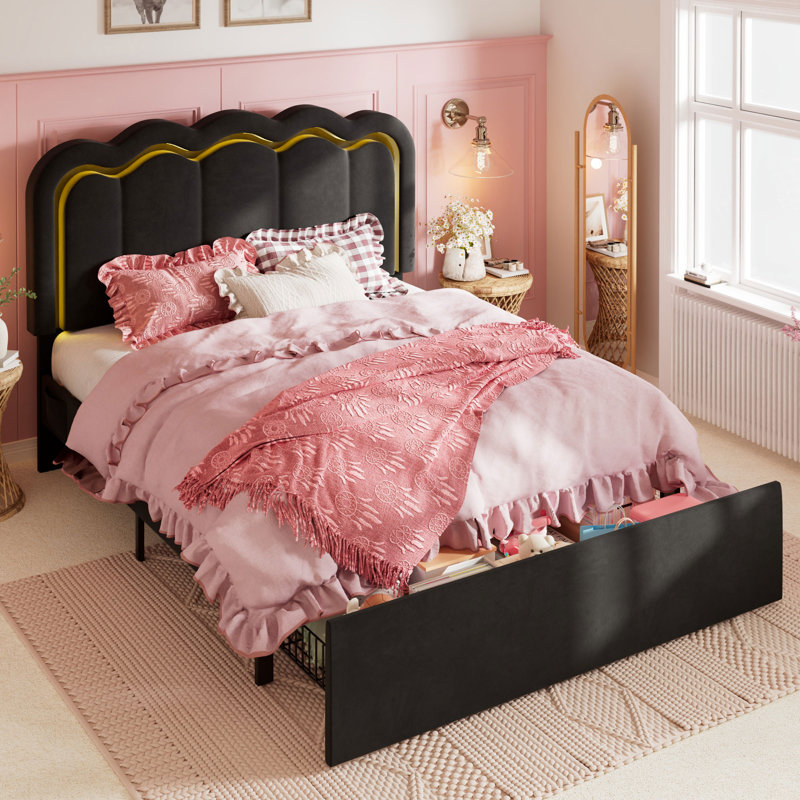 LED Velvet Upholstered Platform Storage Bed Frame With Drawer And Adjustable Headboard, Black, Full