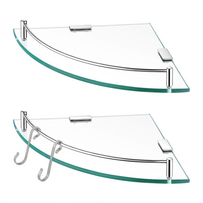 2 Pack Floating Glass Corner Shelf For Bathroom Tempered Glass With Rail Wall Mounted