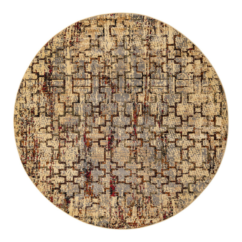 Tapis crème / brun / gris à tissage mécanique Knowle, Rond 3 pi 1 po