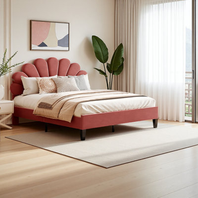 Lit plateforme tapissier avec tête de lit en velours à motif floral