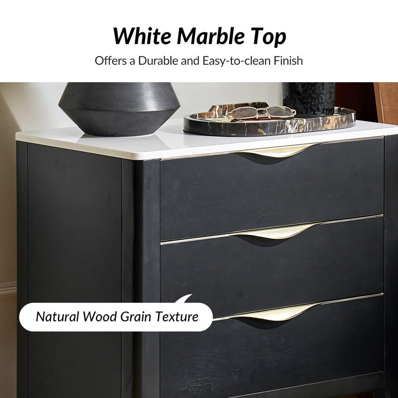 Burdine Modern 25.75'' W 3-Drawer Elegant Marble Top Nightstand with Built-In Power Outlet Set of 2, Black