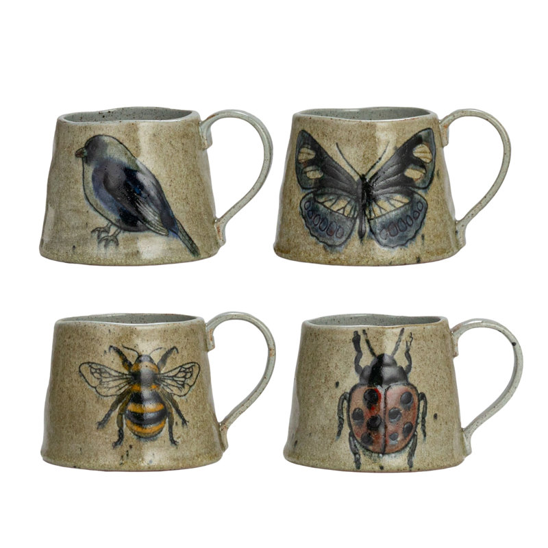 Ensemble de tasses en grès avec motifs d'insectes et d'oiseaux