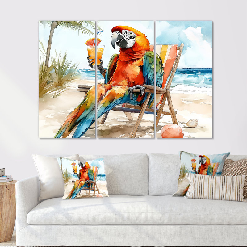 Fauteuil Macaw perroquet sur une plage - ensemble d'art mural animaux côtiers, Métal métal, H 40 po x l 60 po x P 1 po