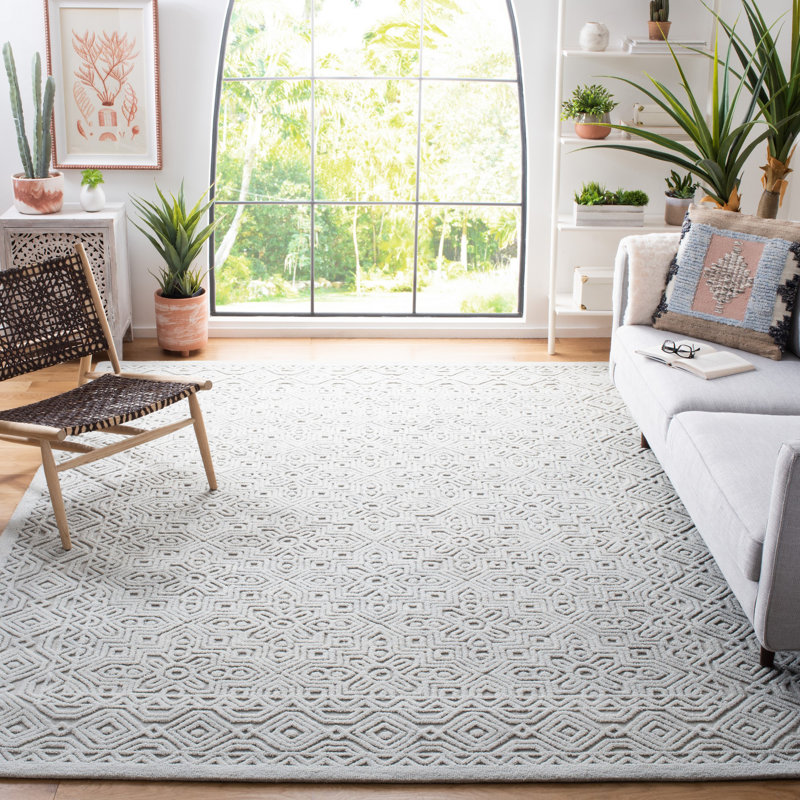 Tapis abstrait argent en laine / coton touffeté à la main Thionville, Rectangle 9 pi x 12 pi