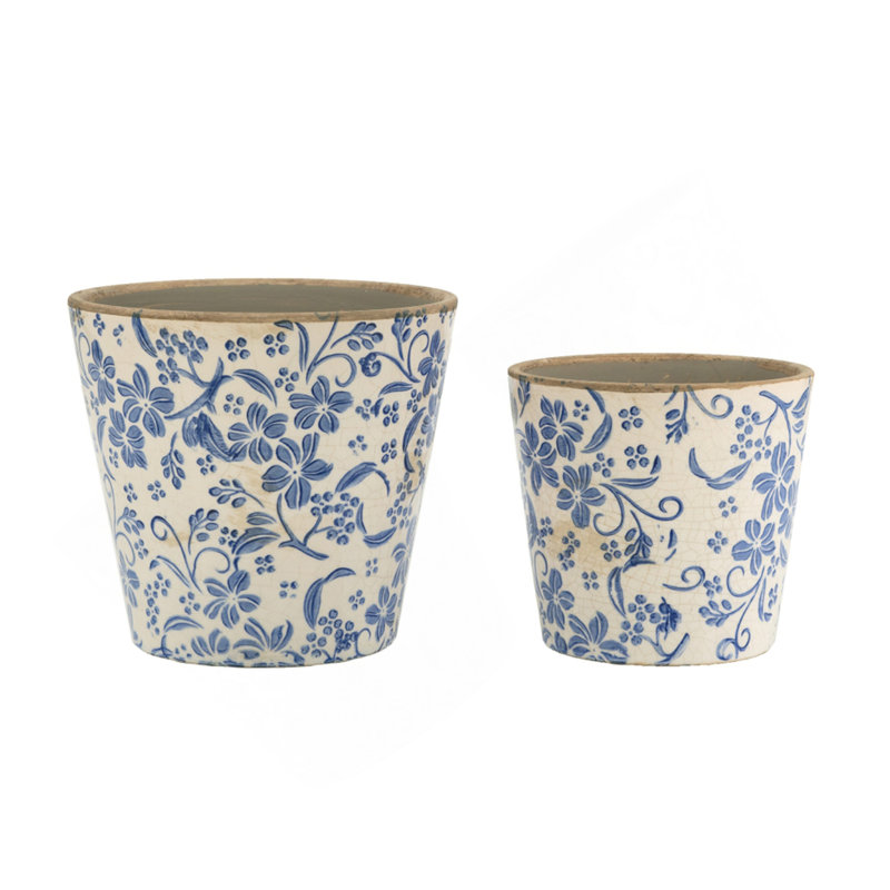 S/2 Blue And White Ceramic Planters With Floral Motif