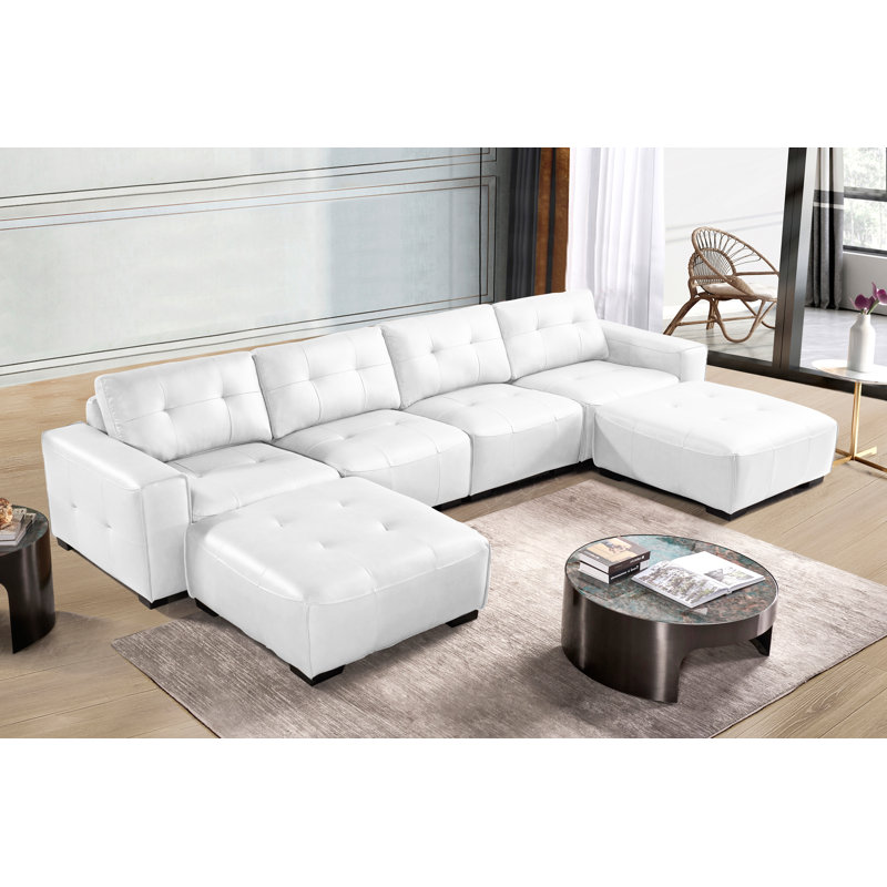 Modern Leather 6-Piece Classic U shaped Sleeper Sectional with Two Large Ottomans Chaise, Snow White Faux Leather