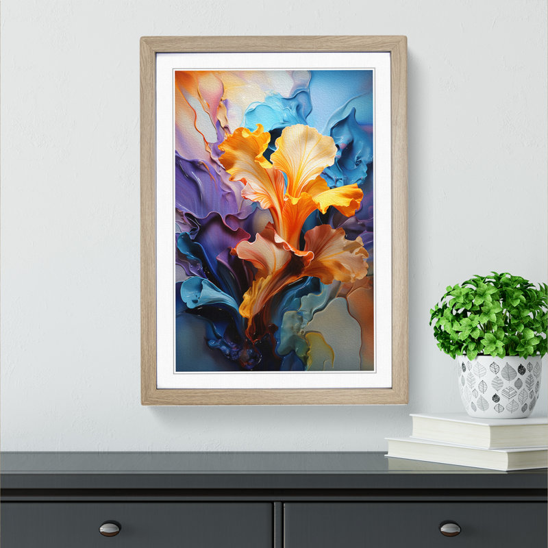 Iris Flower Action Painting - Single Picture Frame Print on Wood, 64cm H x 46cm W x 2cm D, Oak Framed