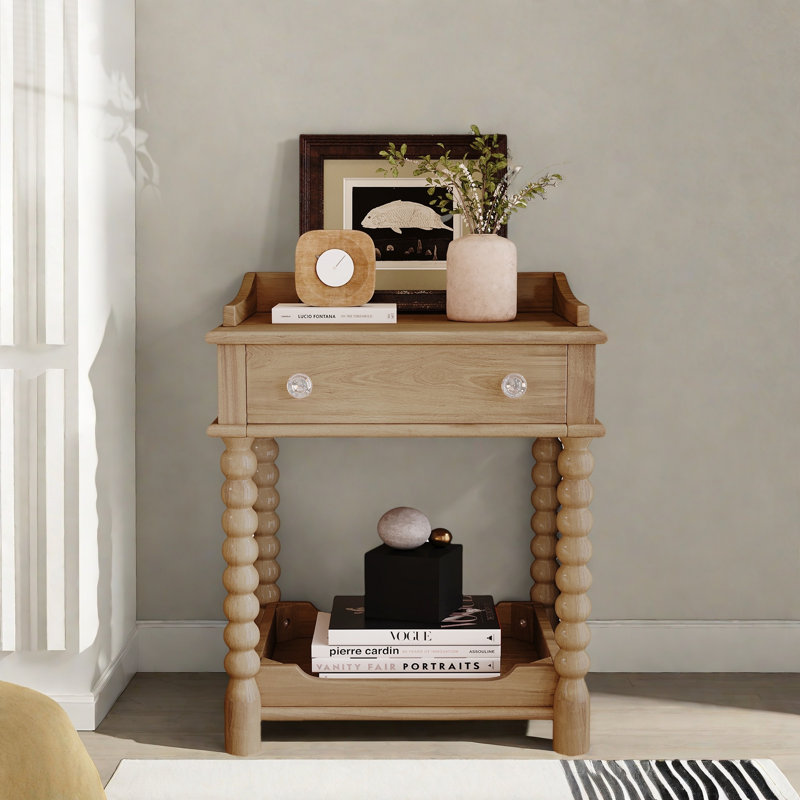 Retro Style Nightstand With 1 Drawer, An Open Shelf, Turned Legs And Metal Handles
