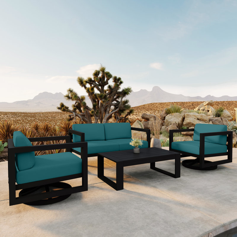 Avion 4 Piece Loveseat Set With Swivel, Spectrum Indigo Sunbrella®, Black