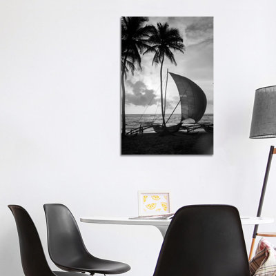 1930s Single Catamaran On Tropical Beach At Sunset Palm Trees Sri Lanka - Wrapped Canvas Print