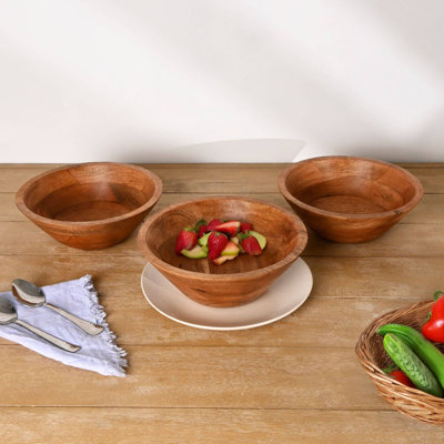 Ensemble de 3 grands bols en bois | Bols de service en bois de manguier de 10 po avec finition naturelle | Bols de campagne rustiques pour salade | Fruits | Collations et centre de table
