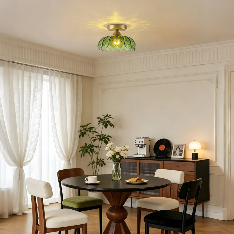 Plafonnier semi-encastré vintage en verre côtelé doré à une lumière, Vert